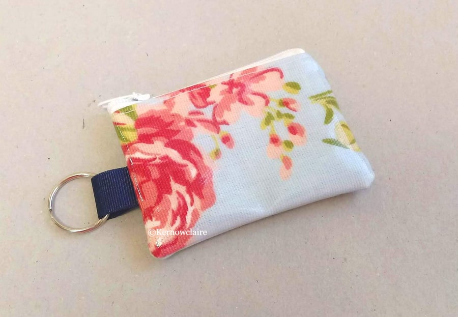 Blue mini coin purse key ring with pink flowers