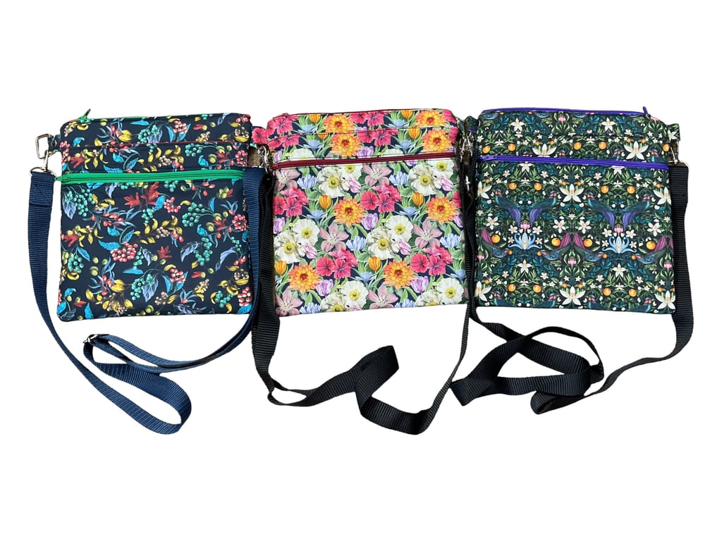 Liberty fabric slim shoulder bag with multi pockets, messenger style paisley flo