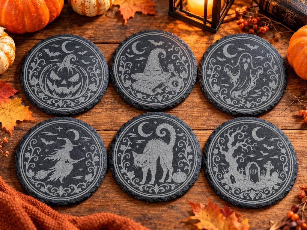 Set of 6 Laser Engraved Halloween Slate Coasters,  Autumn Decor (Gift Box Inc.)