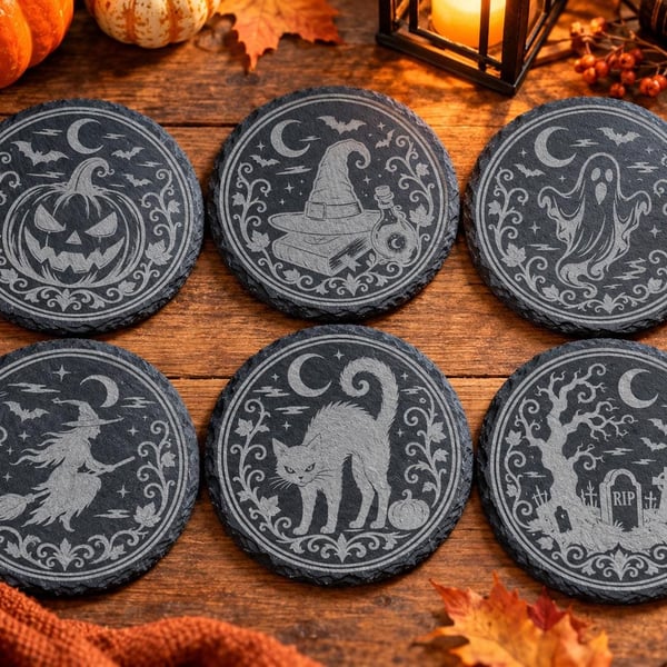Set of 6 Laser Engraved Halloween Slate Coasters,  Autumn Decor (Gift Box Inc.)