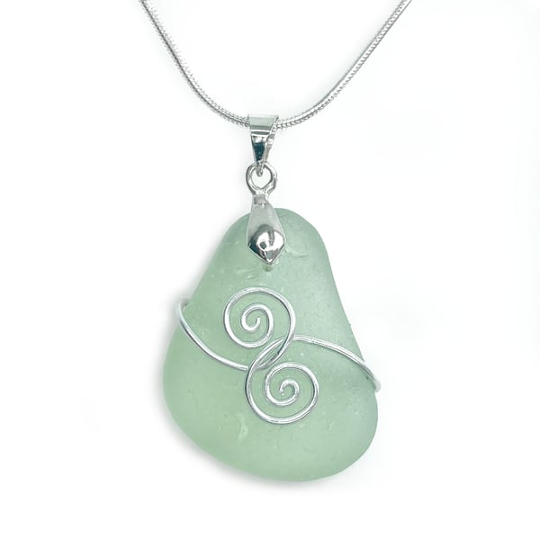 Sea Glass Pendant - Aqua Green Celtic Necklace - Scottish Silver Jewellery