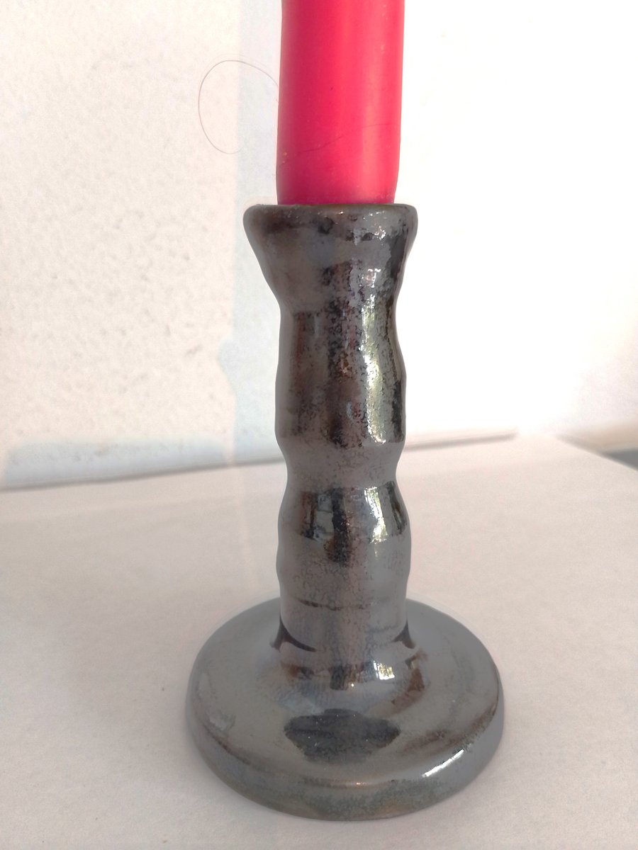 Handmade Pottery Candlestick: Gun metal Lustre Ceramic, Medium Size