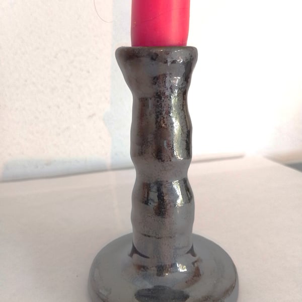 Handmade Pottery Candlestick: Gun metal Lustre Ceramic, Medium Size