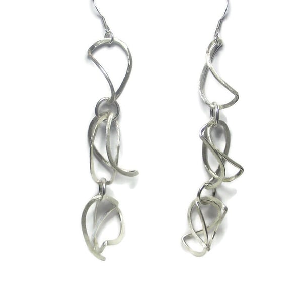 Crescent moon silver drop earrings -  long sterling silver handmade earrings