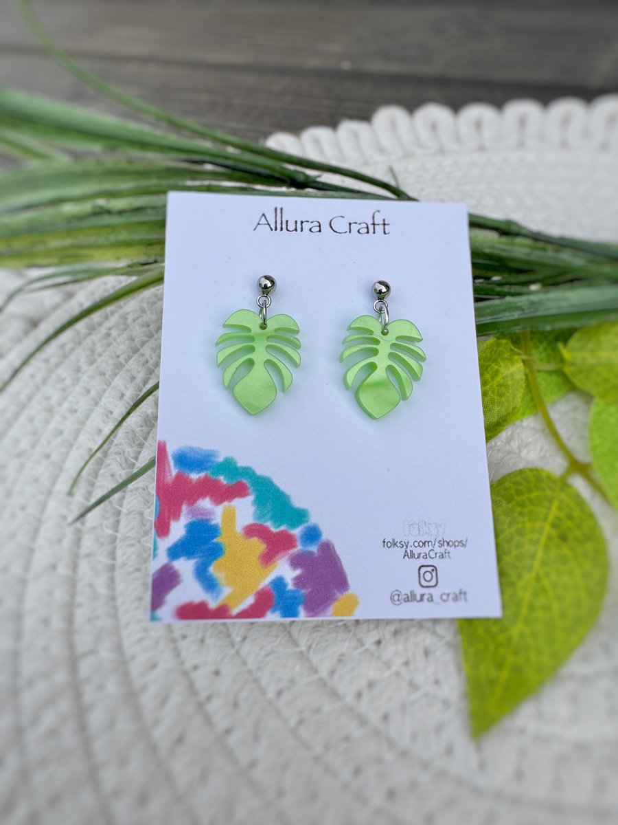 Monstera Leaf Pearlescent Green Earrings
