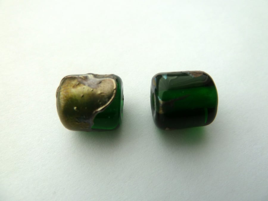 green and metal shard lampwork glass beads