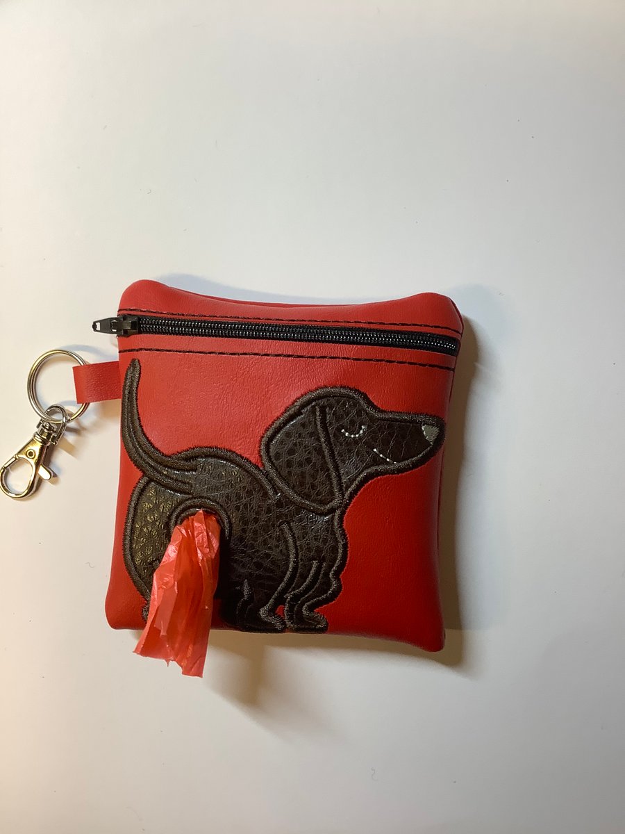 Lovely  Dachshund  Embroidered Red faux leather dog poo bag ,dog walking,
