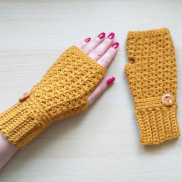 Crochet Fingerless Gloves,  Golden Yellow Wrist Warmers