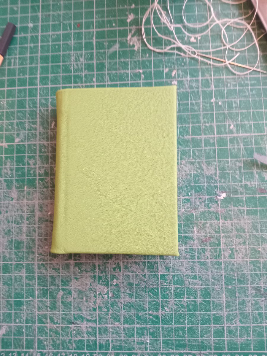 Small notebook with lime green leather binding, imperfectly handmade about  A7