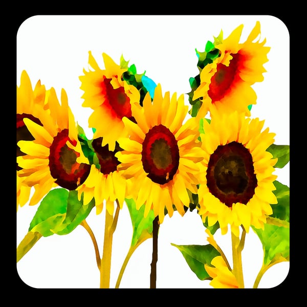 CORK FINISH; Bouquet of Sunflowers Coaster; High Gloss Finish; 9.5 x 9.5cm