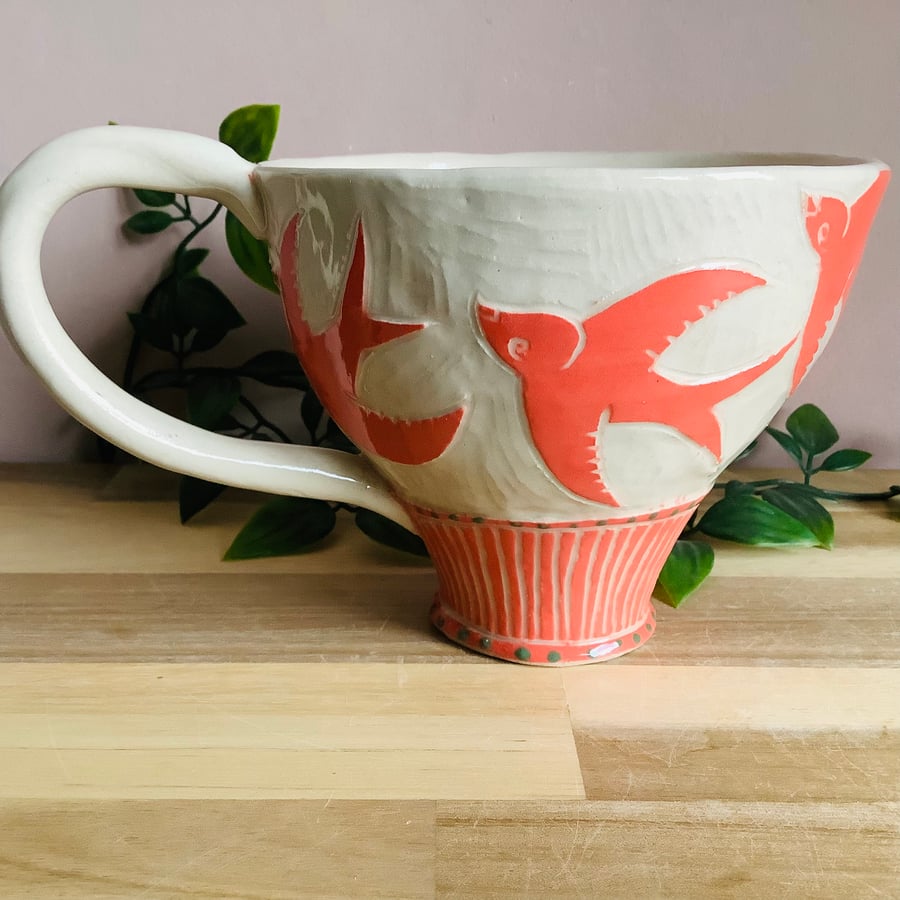 Handmade stoneware sgraffito coral red swooping swallow mug tea coffee cup 