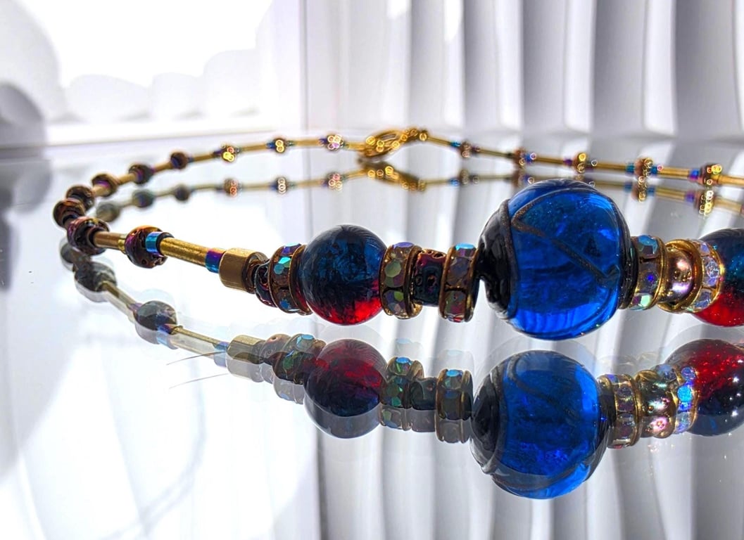 Statement Lampwork Bead Necklace Blue Red Gold Glass Jewellery