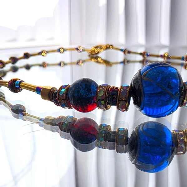 Statement Lampwork Bead Necklace Blue Red Gold Glass Jewellery