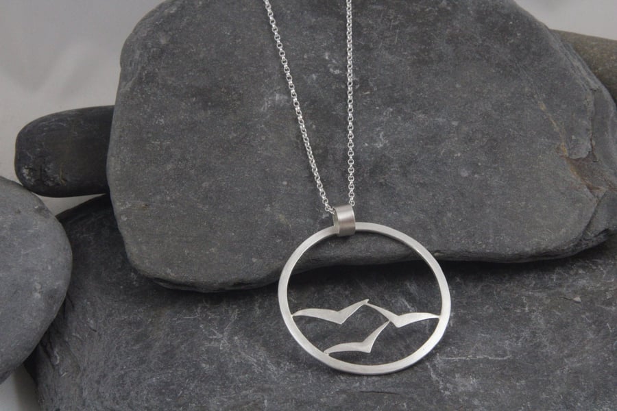 Flock of Gulls Sterling Silver Statement Long Pendant