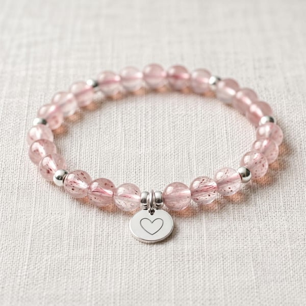 Strawberry Quartz Bracelet Personalised with Initial, Natural Healing Crystal Br