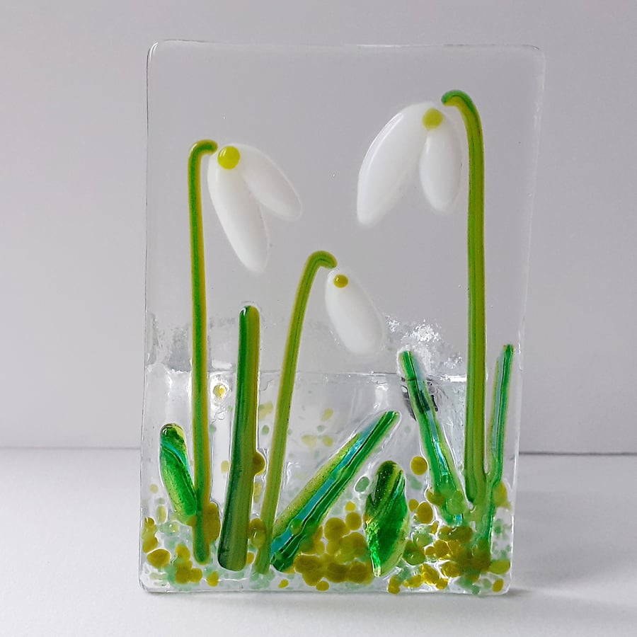 Fused glass tealight candle holder panel, snowdrops