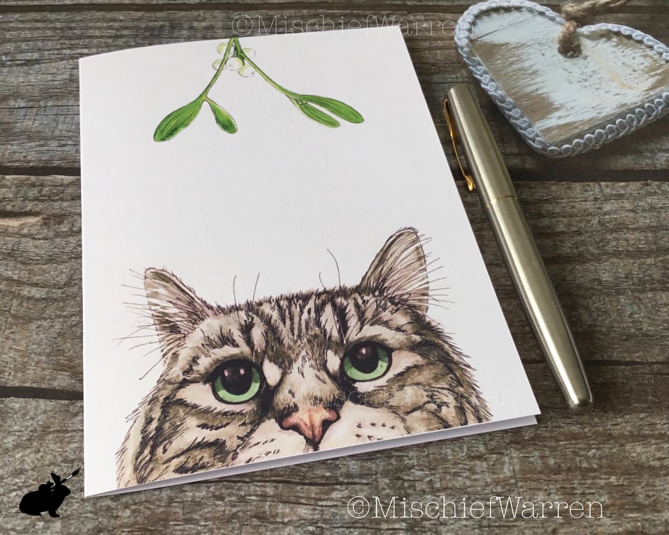 Grey Tabby Cat Christmas Card. Cat handmade Christmas card.