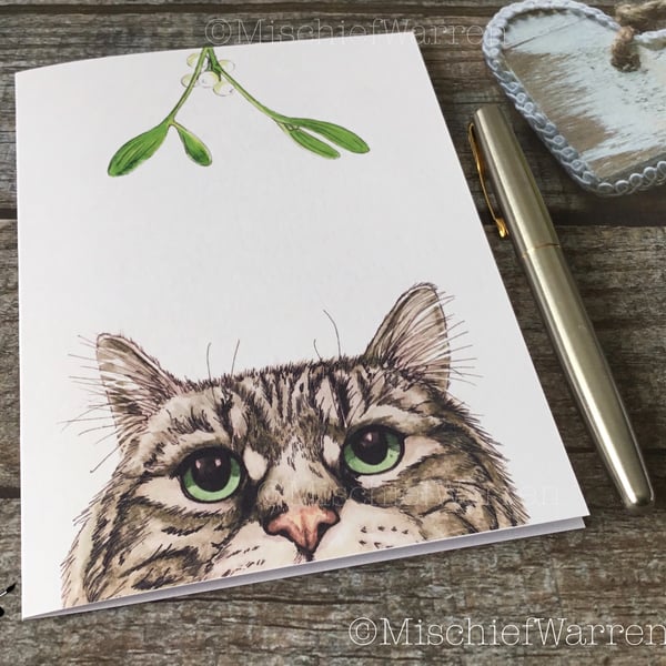 Grey Tabby Cat Christmas Card. Cat handmade Christmas card.
