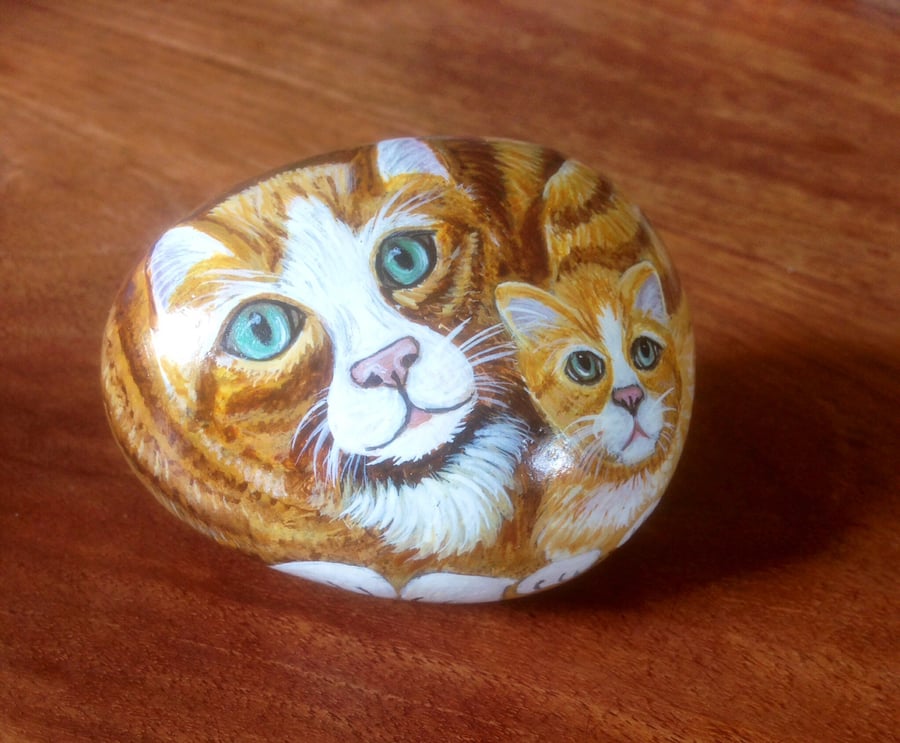 Pet portrait Ginger cat and kitten painted on rock