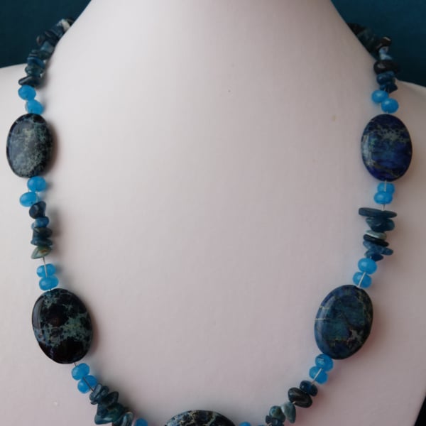 Ocean Jasper, Apatite & Chinese Jade Necklace  - Sterling Silver - Handmade 