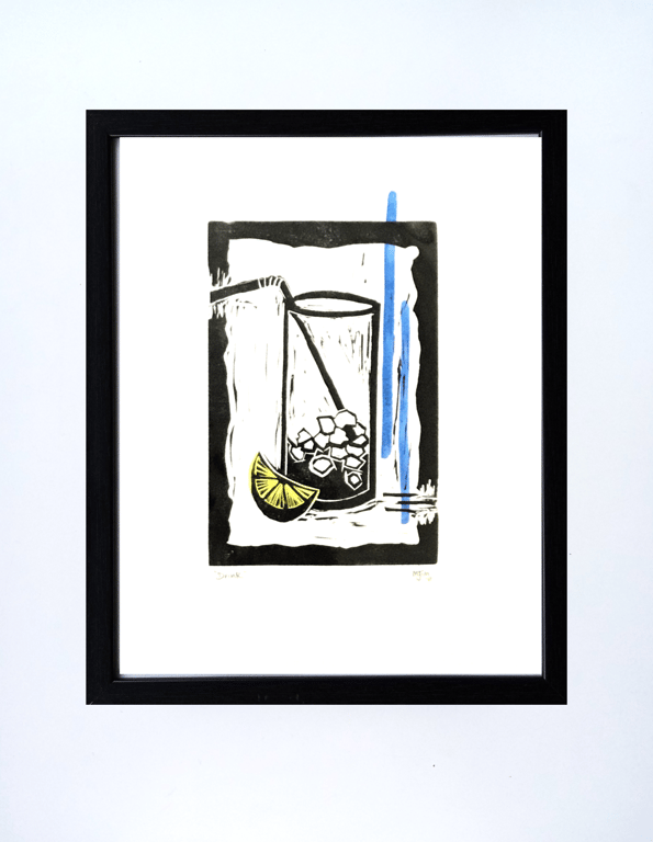 Handprinted Linoprint Cocktail Drink Linocut Wall Art Handmade Print Unframed