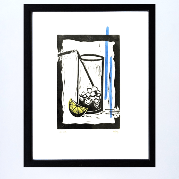Handprinted Linoprint Cocktail Drink Linocut Wall Art Handmade Print Unframed