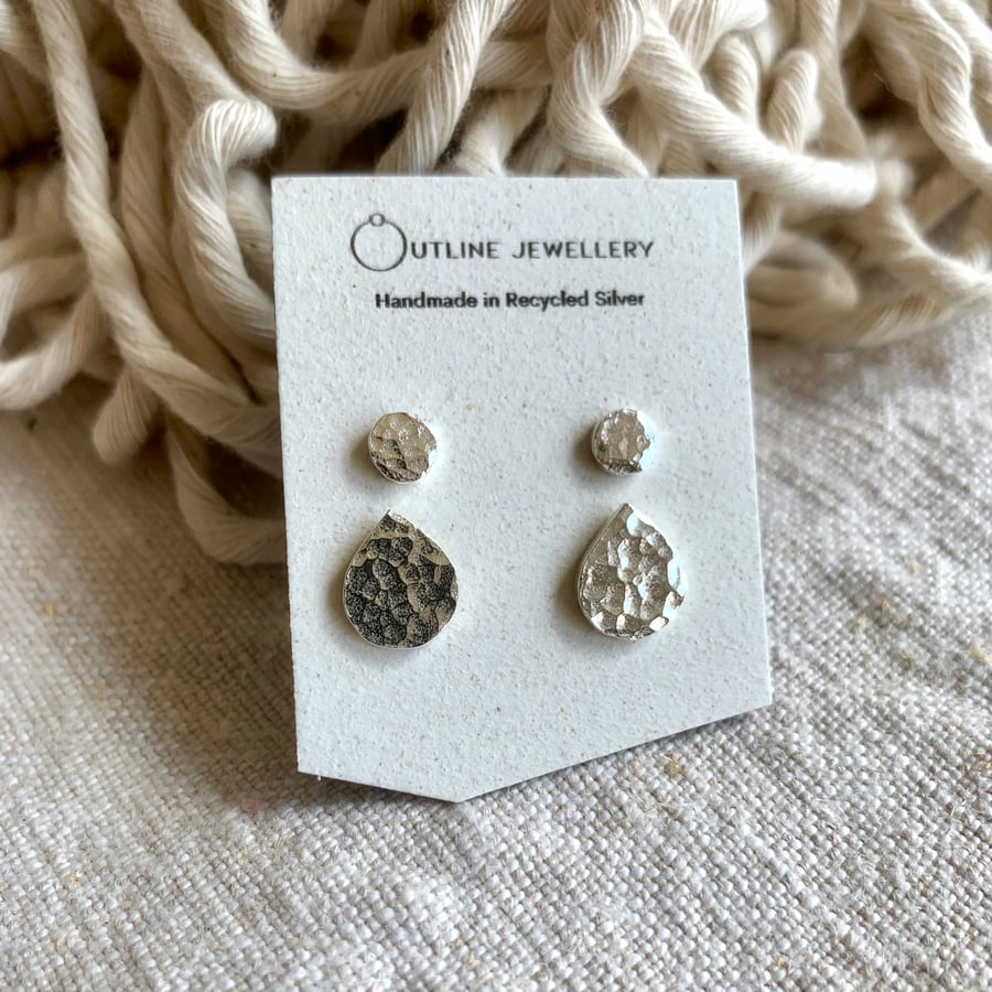 Petal Hammered sterling Silver Stud Earrings Duo set