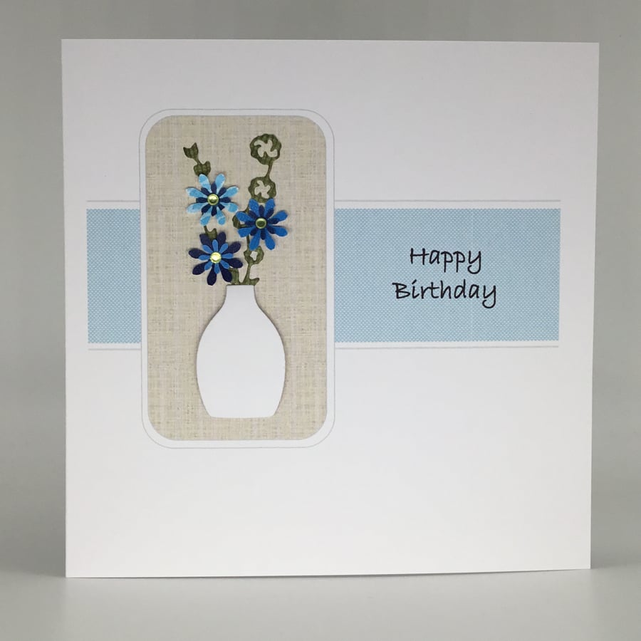 Vase of flowers birthday card - blue