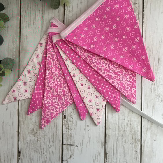 Handmade Fabric Bunting 8 Flags in Bright Pink & White Floral and Patterns