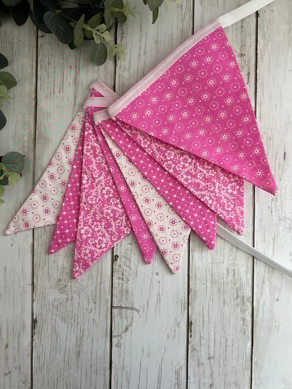 Handmade Fabric Bunting 8 Flags in Bright Pink & White Floral and Patterns
