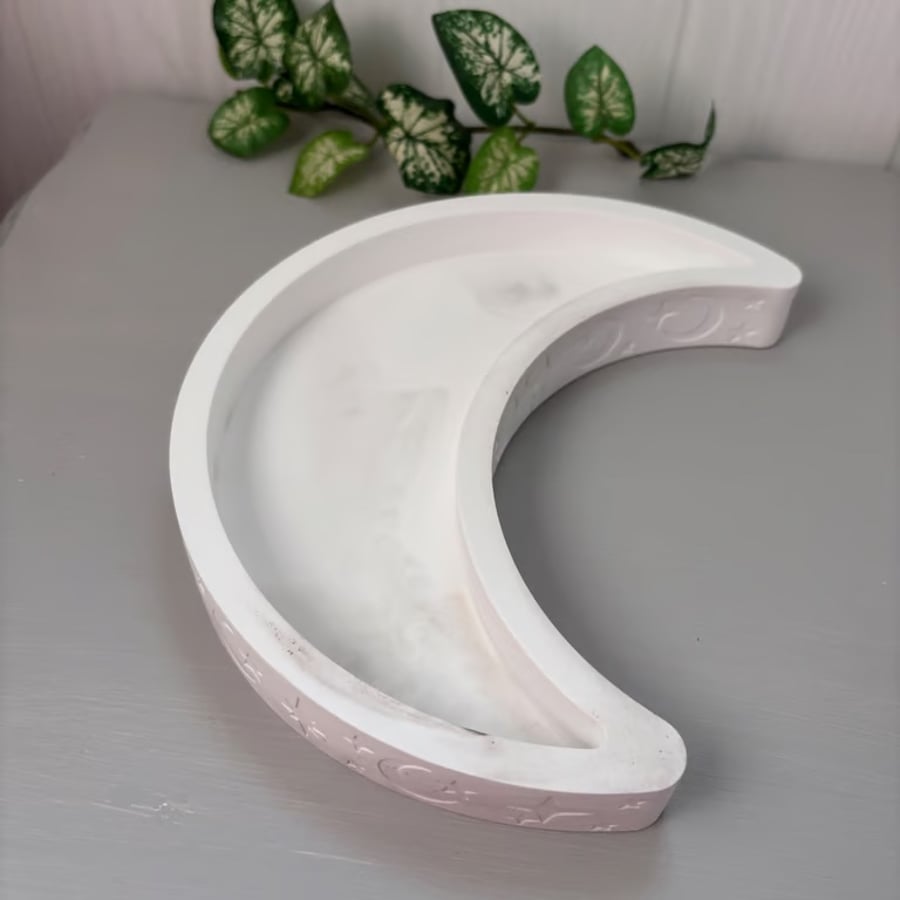 Natural and White Marbled Crescent Moon Trinket Tray - Celestial Jewellery Dish
