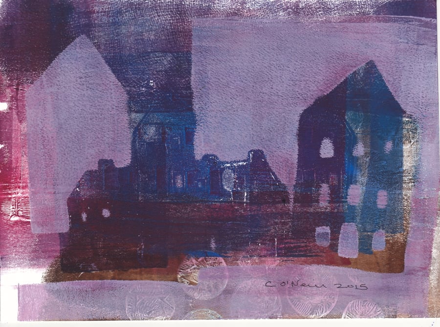 Town at dusk - geliprint - monoprint original artwork 
