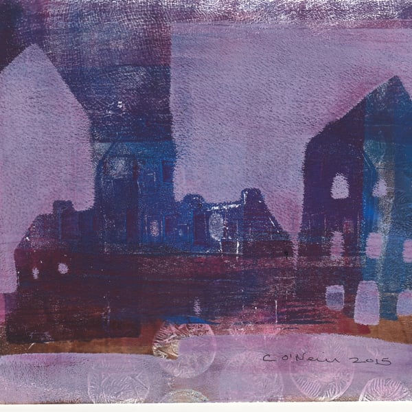 Town at dusk - geliprint - monoprint original artwork 