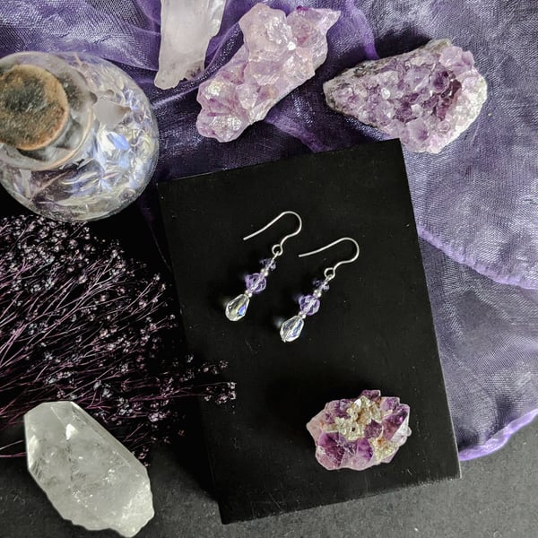 Sterling silver purple beaded drop earrings unique gift for her