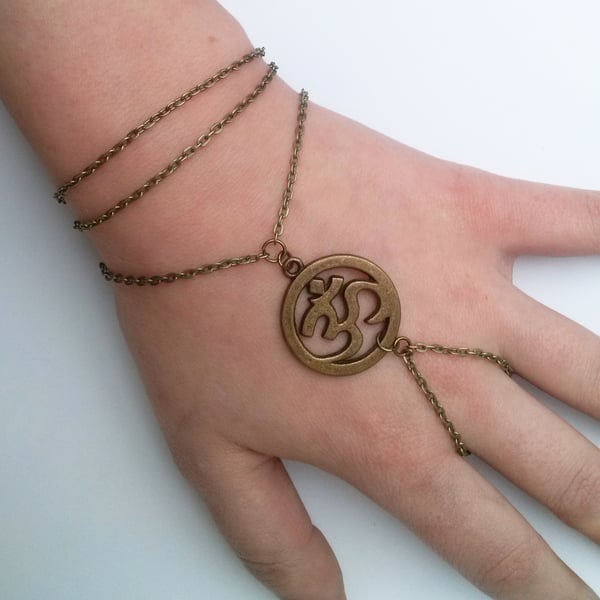 Bronze Ohm Aum Om Bracelet Slave Chain Hand Harness 