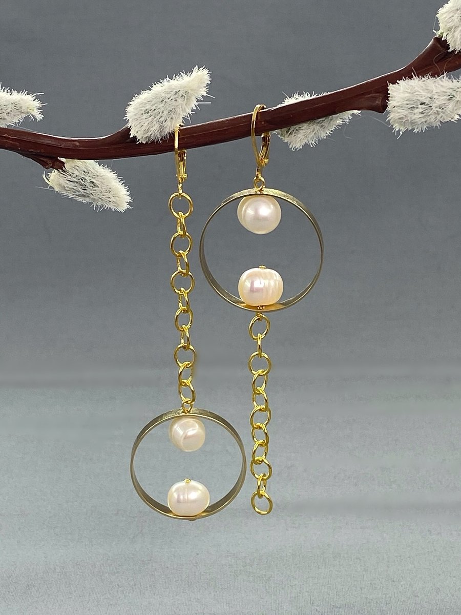 Gold Asymmetrical Cultured Pearl Dangle Earrings