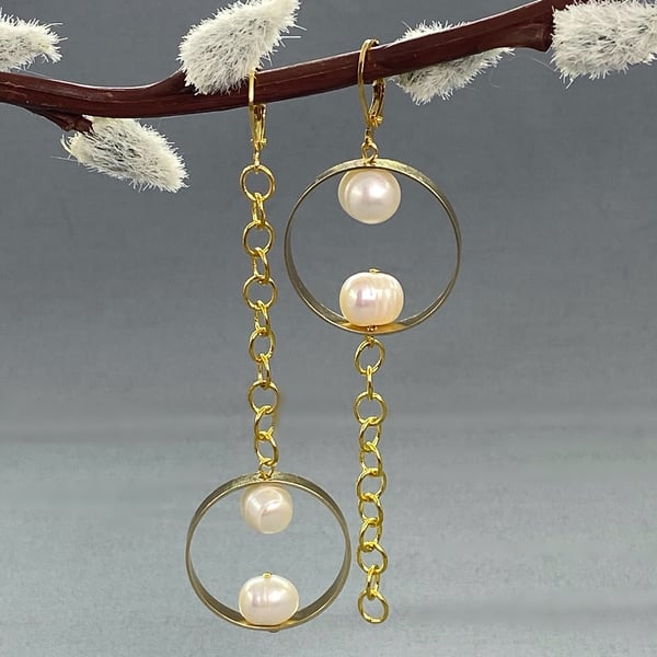 Gold Asymmetrical Cultured Pearl Dangle Earrings