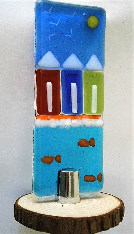 Handcrafted fused glass Beach Huts suncatcher Worry Poppet