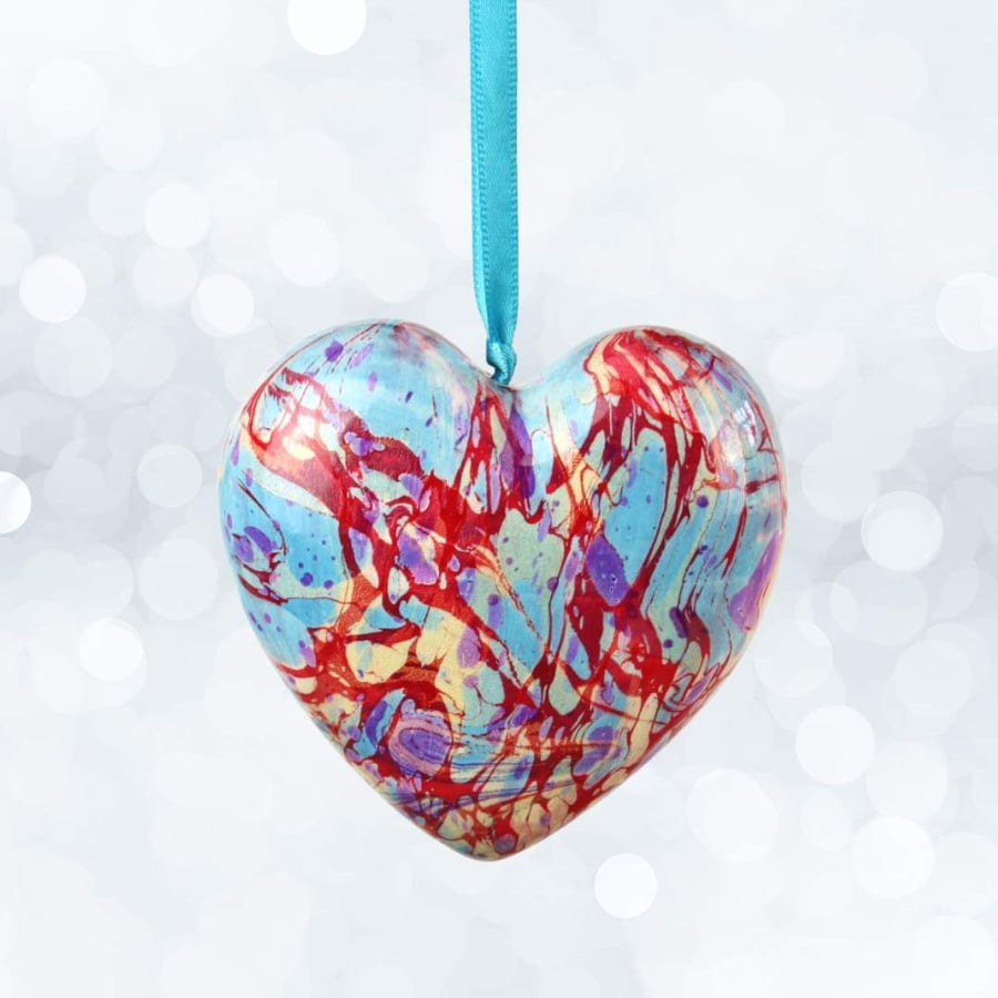 Blue red hanging marbled ceramic heart decoration 