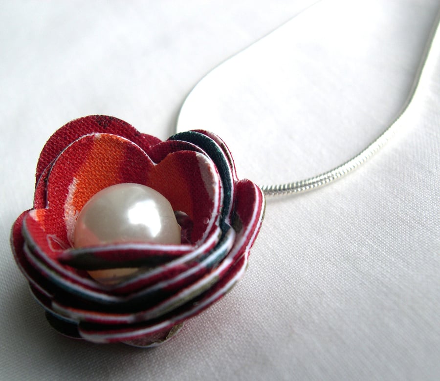 Hardened Fabric Red Circle Print Rose Necklace silver plated