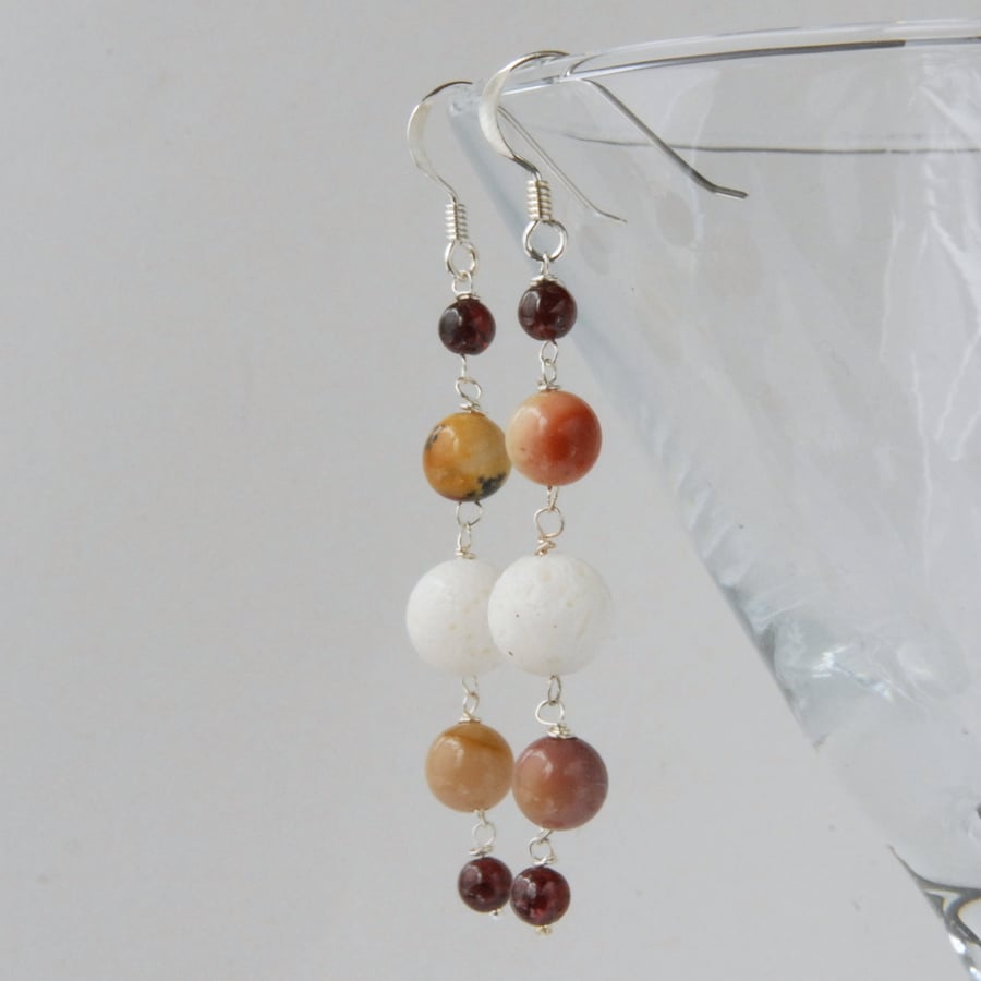 Long cream and mustard beaded sterling silver earrings (coral, mookaite)