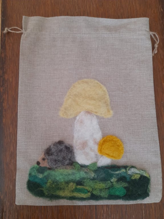 Rag Rug Drawstring Bag with Needle Felting Mushroom and Hedgehog Design
