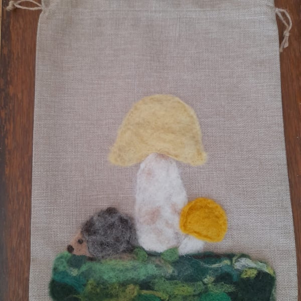 Rag Rug Drawstring Bag with Needle Felting Mushroom and Hedgehog Design