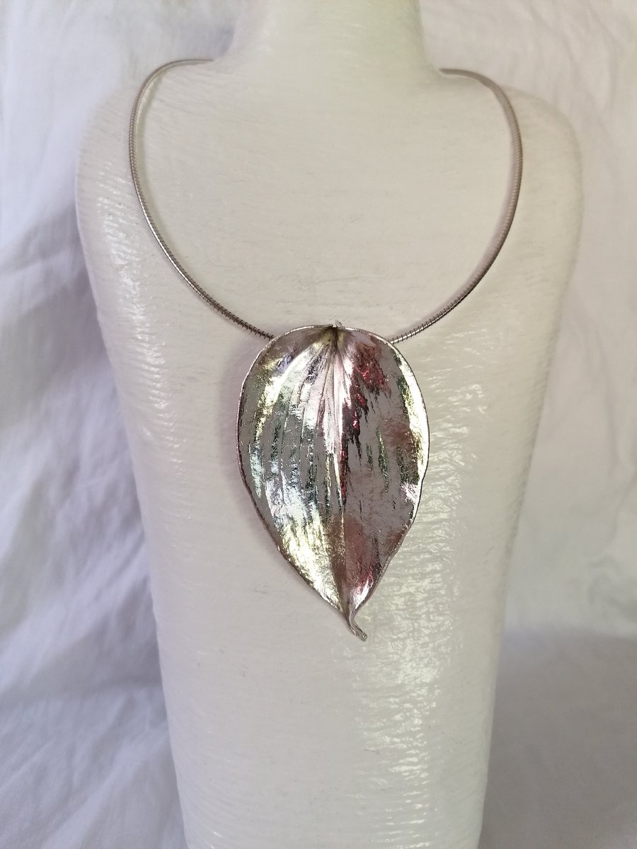 Real Hosta leaf preserved in silver pendant necklace