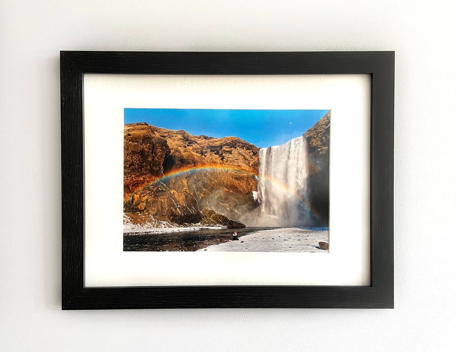 Framed Photo of a Rainbow Over Skogafoss Waterfall in Iceland