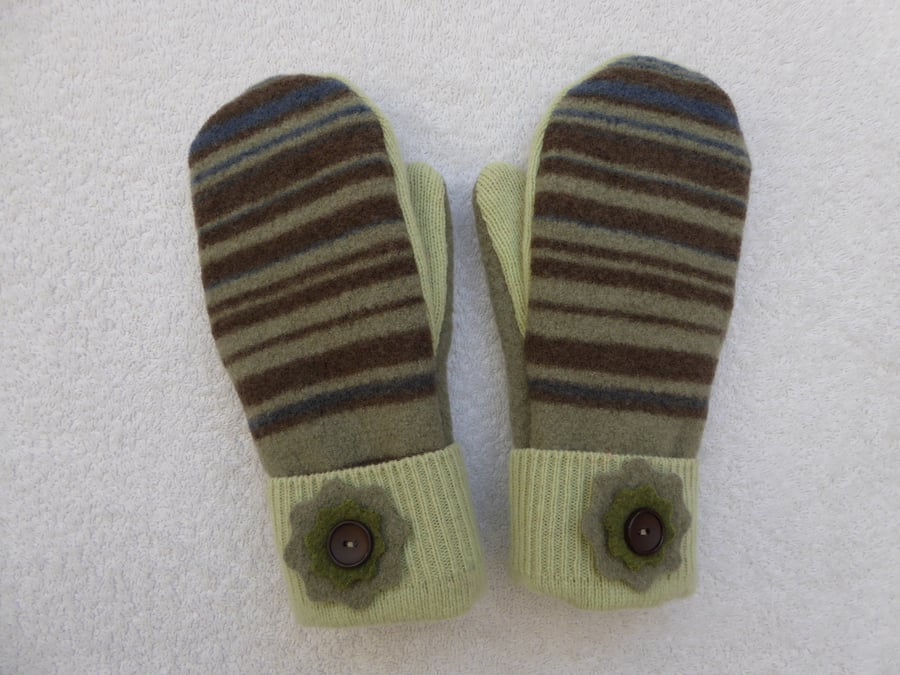 Mittens Created from Up-cycled Wool Jumpers. Fully Lined. Green Multi Stripe
