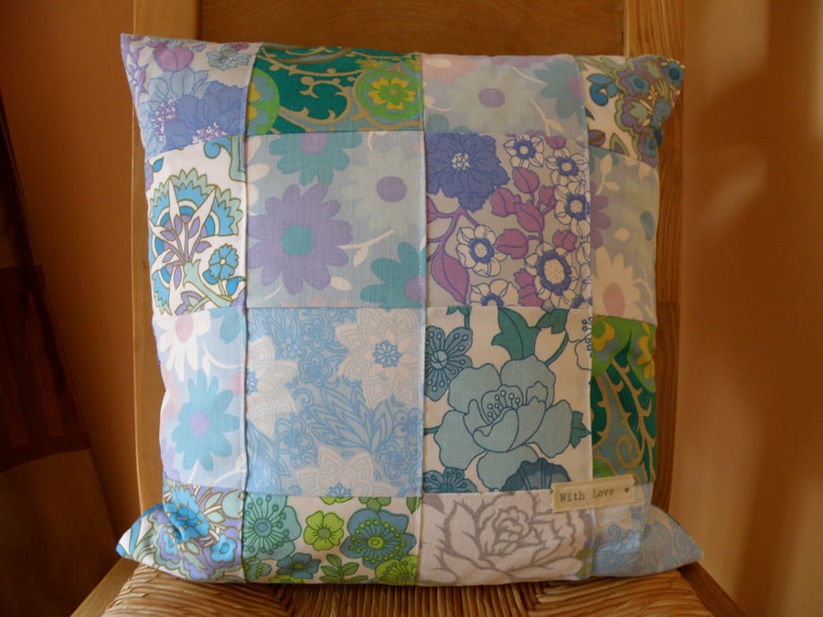 Pretty Blue and Green retro patchwork cushion cover