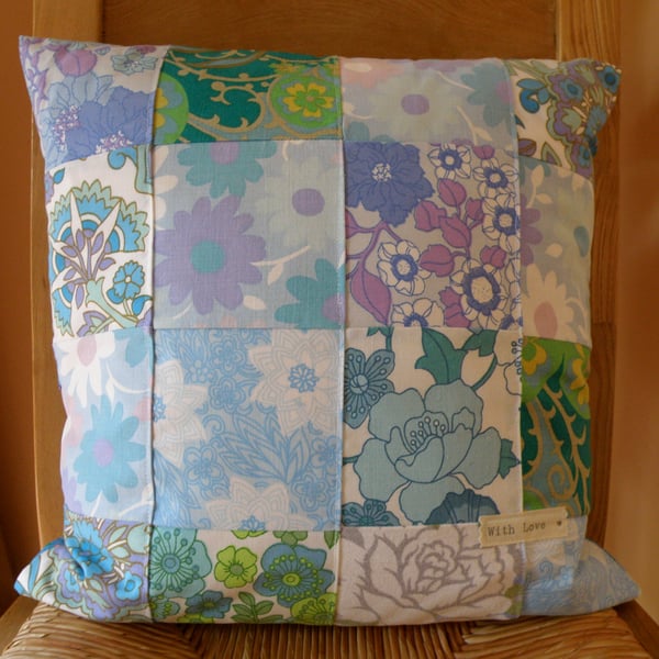 Pretty Blue and Green retro patchwork cushion cover