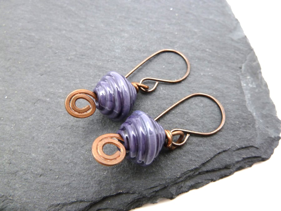 copper earrings, purple lampwork glass jewellery