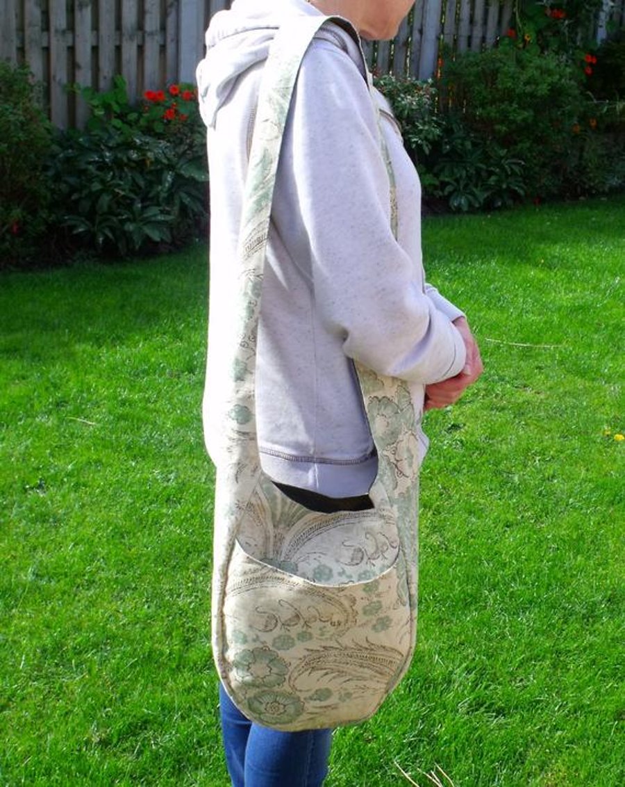 beige and green reversible linen cotton shoulder bag.